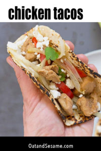 These EASY Marinated Chicken Fajita Tacos are marinated with garlic, lime, soy sauce + brown sugar. Add peppers + onions for a fajita-style taco! |  | #chickenrecipeseasy | #tacorecipes | #tacos | #chickentacos | #healthyrecipes at OatandSesame.com
