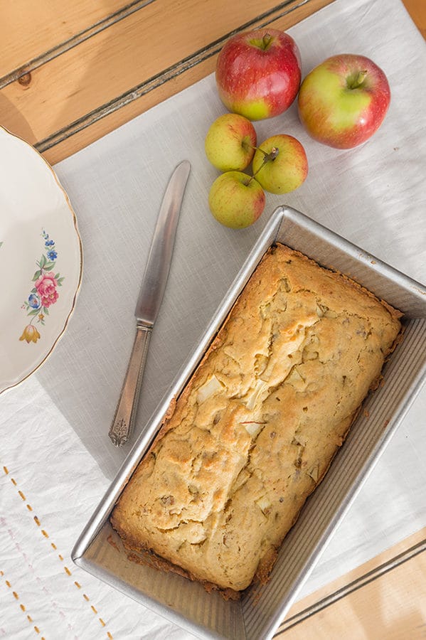 loaf of apple bread in pan