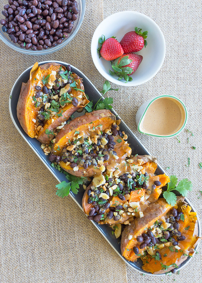 stuffed sweet potatoes peanut sauce overhead