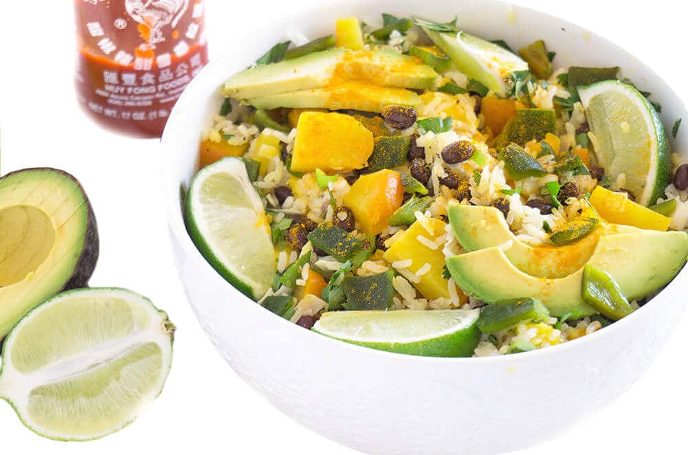 Tropical Black Bean and Rice Bowls has juicy mango, zesty lime, beans, golden beets + rice and gets spiced up with a few dashes of turmeric and sriracha | PLANT BASED | VEGAN | VEGETARIAN | HEALTHY FOOD IN BOWLS | Recipe at OatandSesame.com