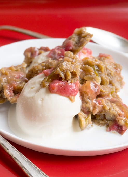 Rhubarb Crunch on plate with ice cream