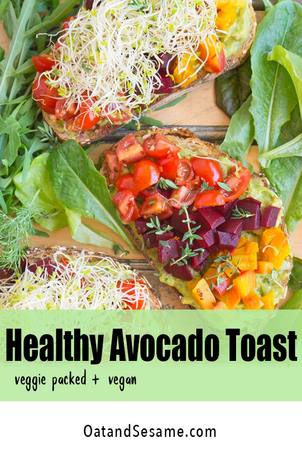 A super Healthy Avocado Toast, packed with veggies on a crisp multi-grain bread. Beets, tomatoes, herbs, seeds, sprouts and balsamic vinaigrette. | #healthyrecipes | #veganrecipes | #veganlunch | #vegetarianlunchideas | #beetrecipes | #avocadotoast at OatandSesame.com #oatandsesame