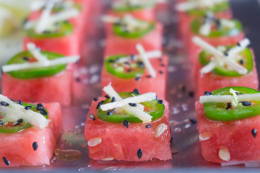 Watermelon Sashimi for Summer! A Sweet and Spicy Party Appetizer! | WATERMELON | APPETIZER | HEALTHY | SNACK | FRUIT | Recipe at OatandSesame.com
