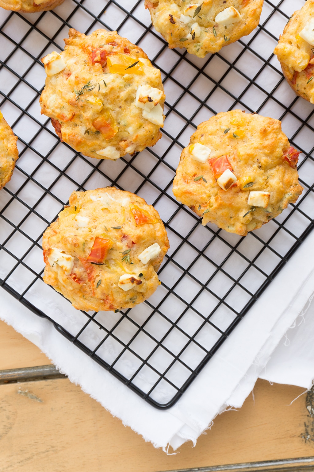 Savory Tomato, Zucchini, Corn and Feta Muffins overhead