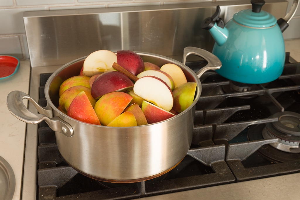 apples in a stock pot on the stove