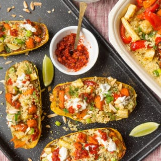 Delicata Squash Boats filled with veggies and Couscous
