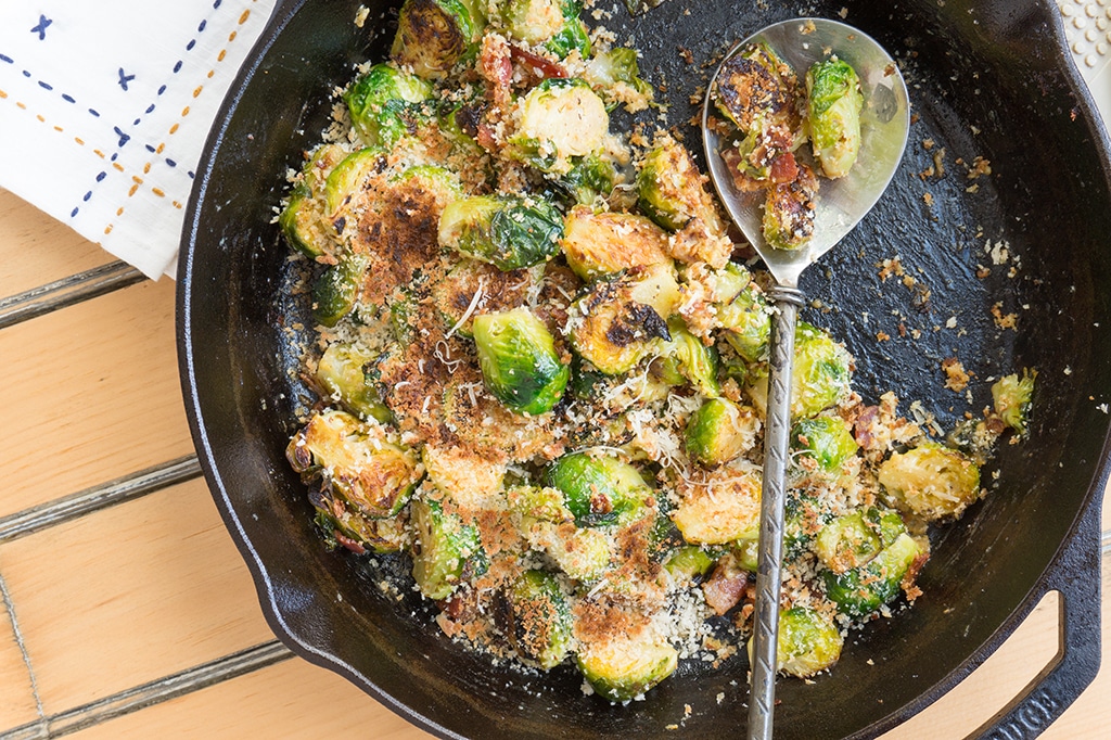 Bacon Brussels Sprouts with Garlic Parmesan Cream