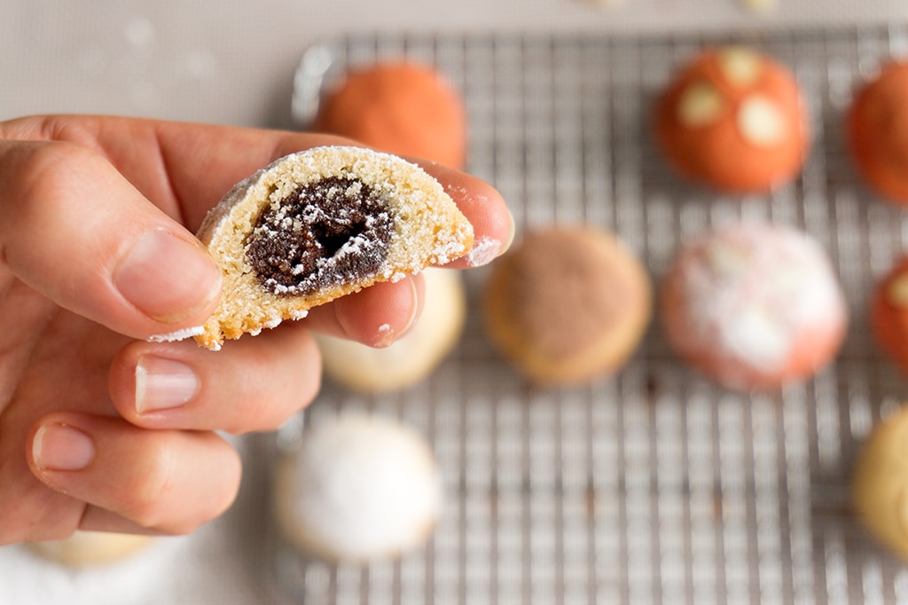 Chocolate Almond Pillow Cookies - cut in half to show interior