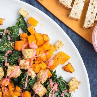 Roasted Butternut Squash Salad over Kale with Cranberry Dressing