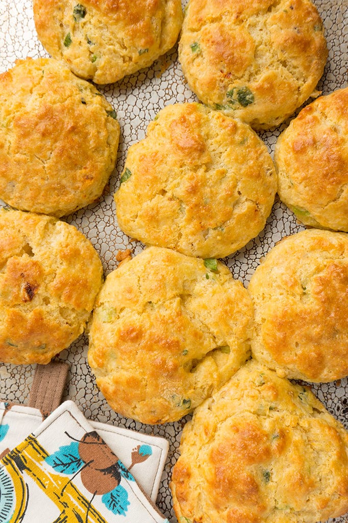 White Cheddar Chipotle Cornmeal Biscuits- on baking sheet overhead