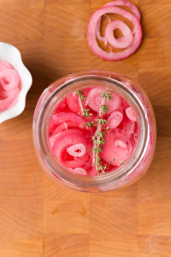 Pickled red onions overhead