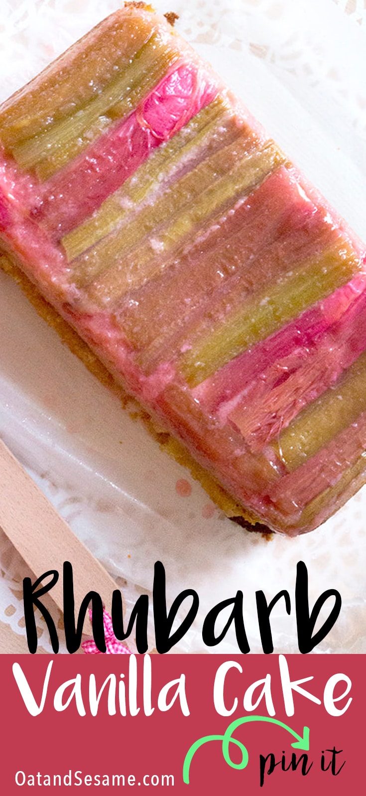 A Norwegian recipe for Rhubarb Vanilla Bean Cake that's similar to an upside down cake. Super rich and delicious! A family favorite! | #RHUBARB | #CAKE | #BAKING | #Recipes at OatandSesame.com