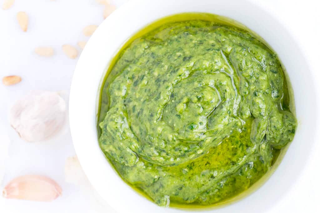 Spinach-Basil Pesto Sauce in white bowl