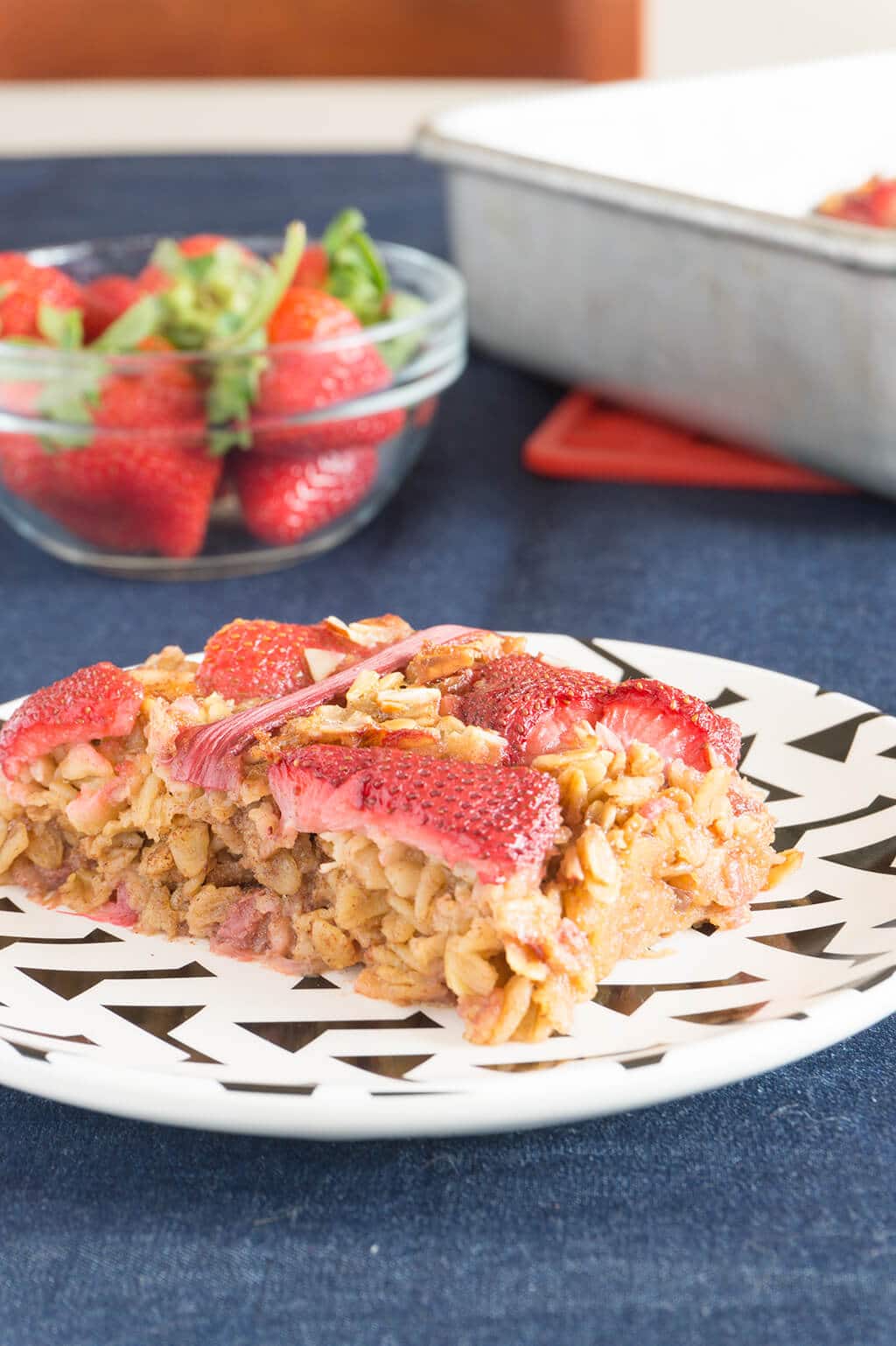 Strawberry Rhubarb Baked Oatmeal close up