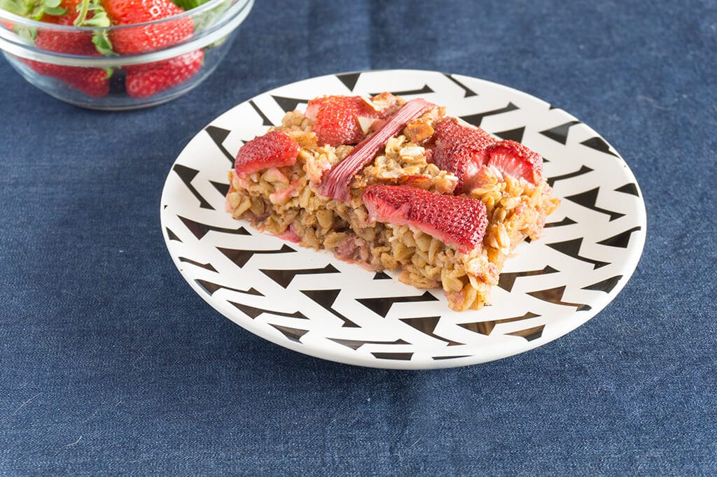 Strawberry Rhubarb Baked Oatmeal on plate