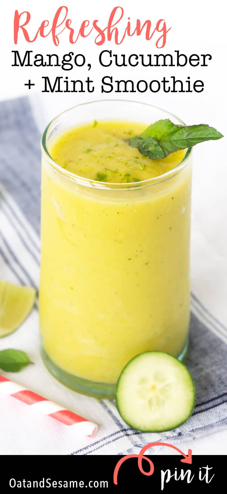 Mango Cucumber Smoothie in a glass with a slice of cucumber next to it