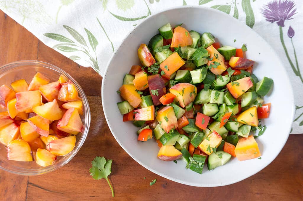 Sweet Peach Cucumber Salad in serving bowl