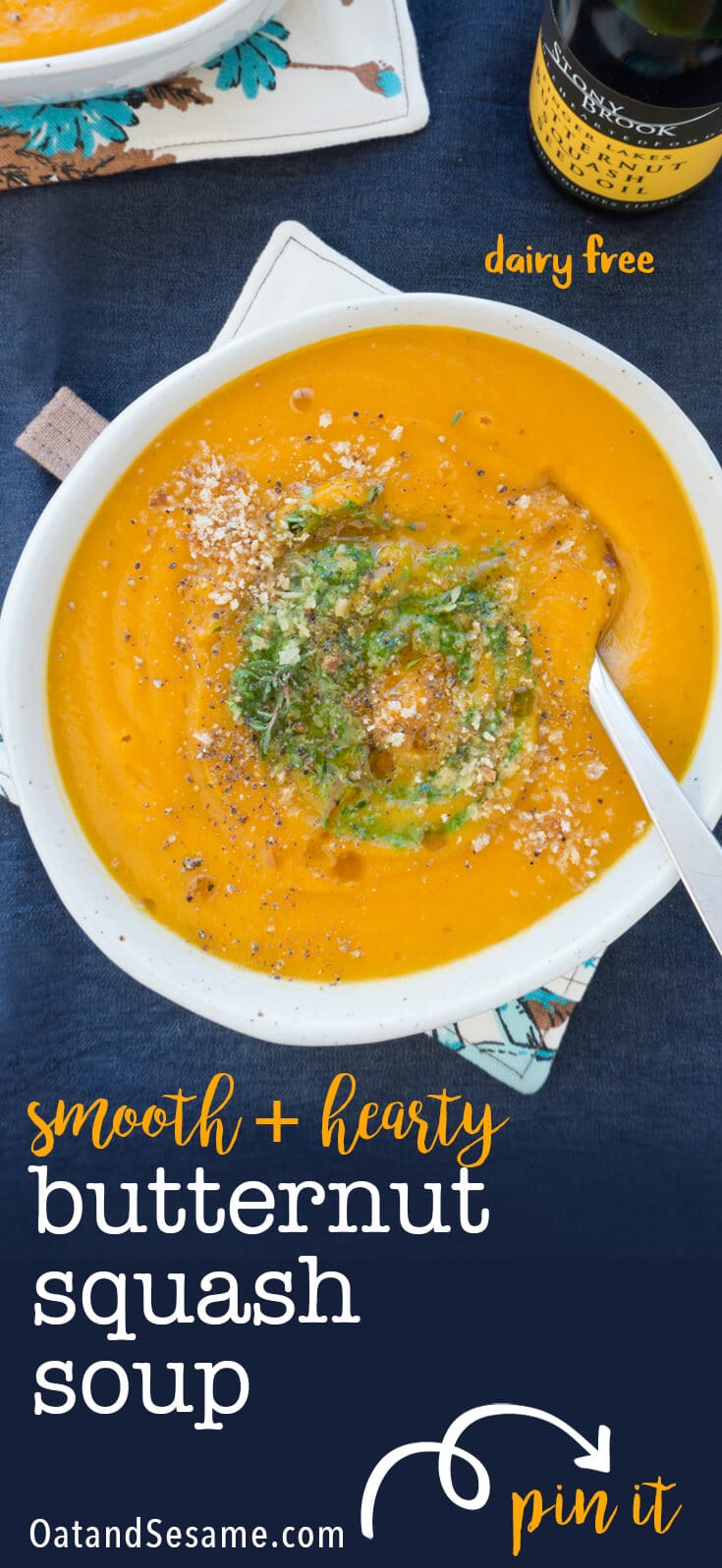 Overhead of butternut squash soup in a bowl