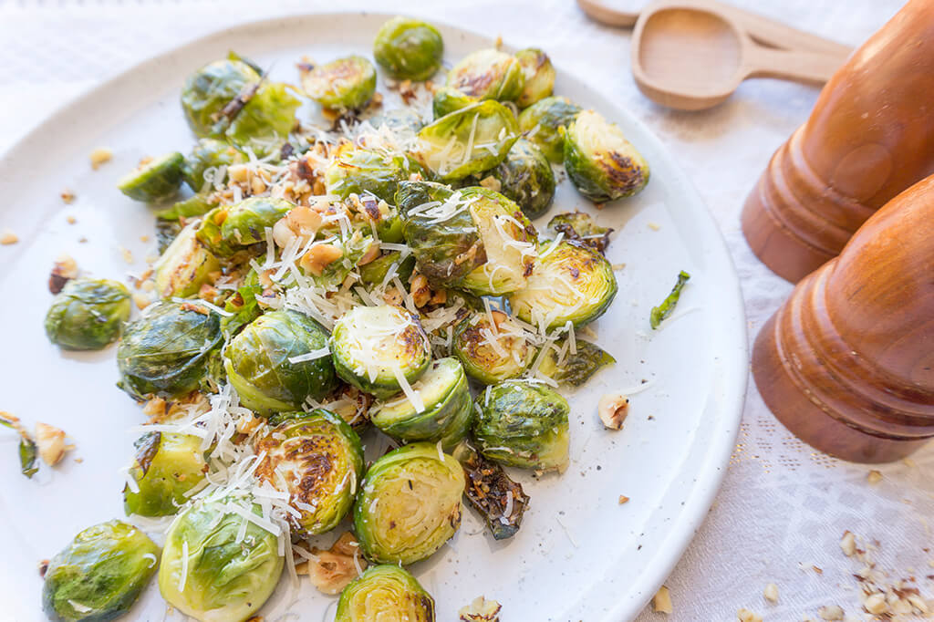 Cacio e Pepe Brussels Sprouts on platter