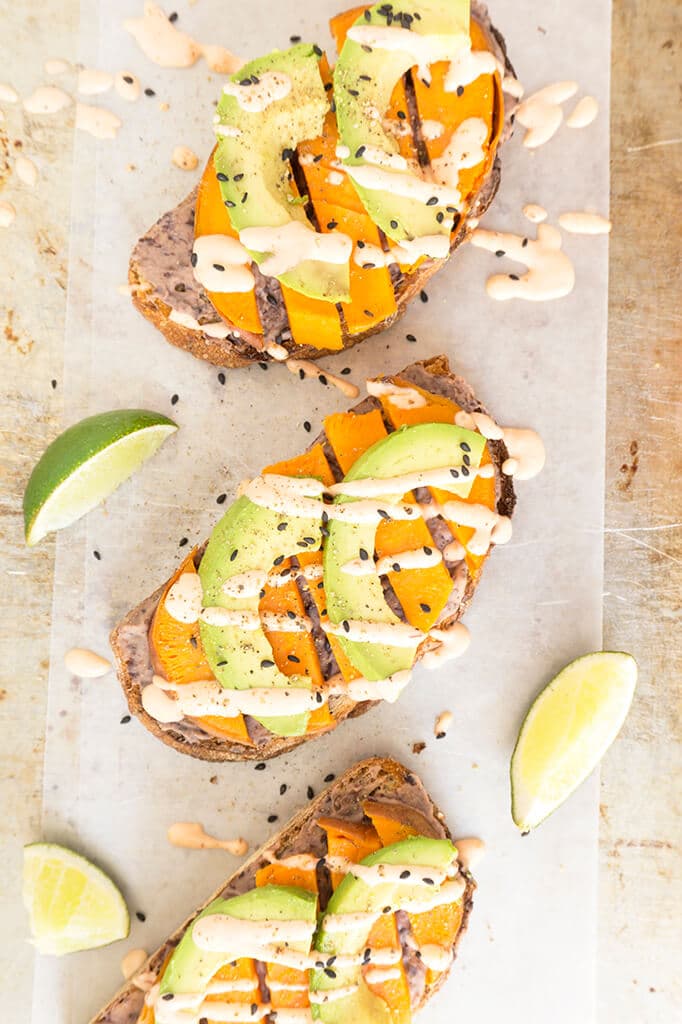 3 loaded slices of Sweet Potato Avocado Toast 