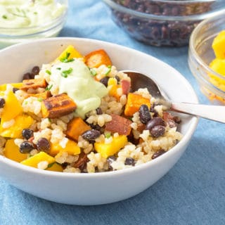 Sweet Potato Black Bean Avocado and brown rice in a bowl