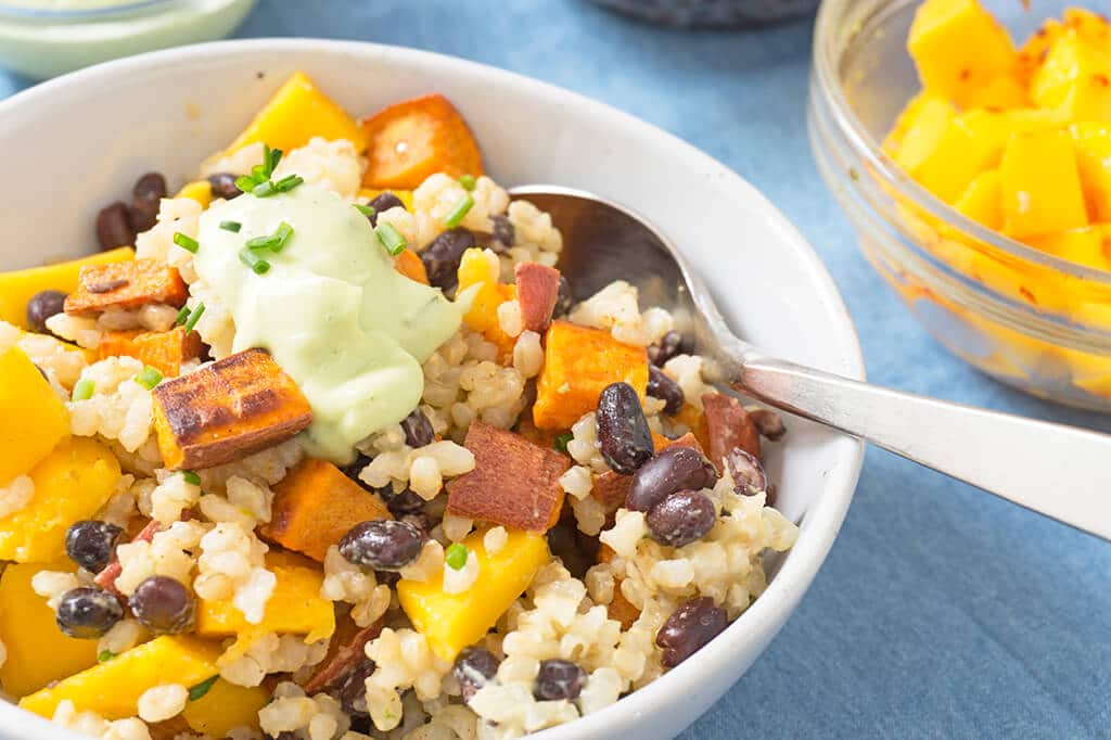 Sweet Potato + Black Bean Rice Bowl with Avocado-Lime Sauce