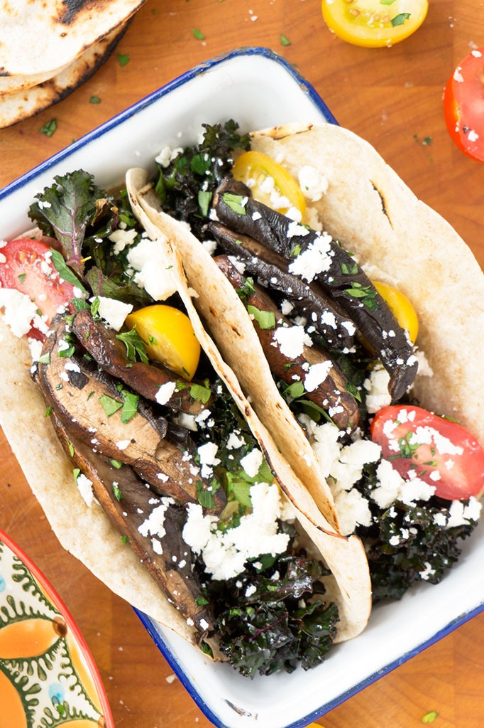 Vegetarian Tacos Overhead in Blue rimmed dish