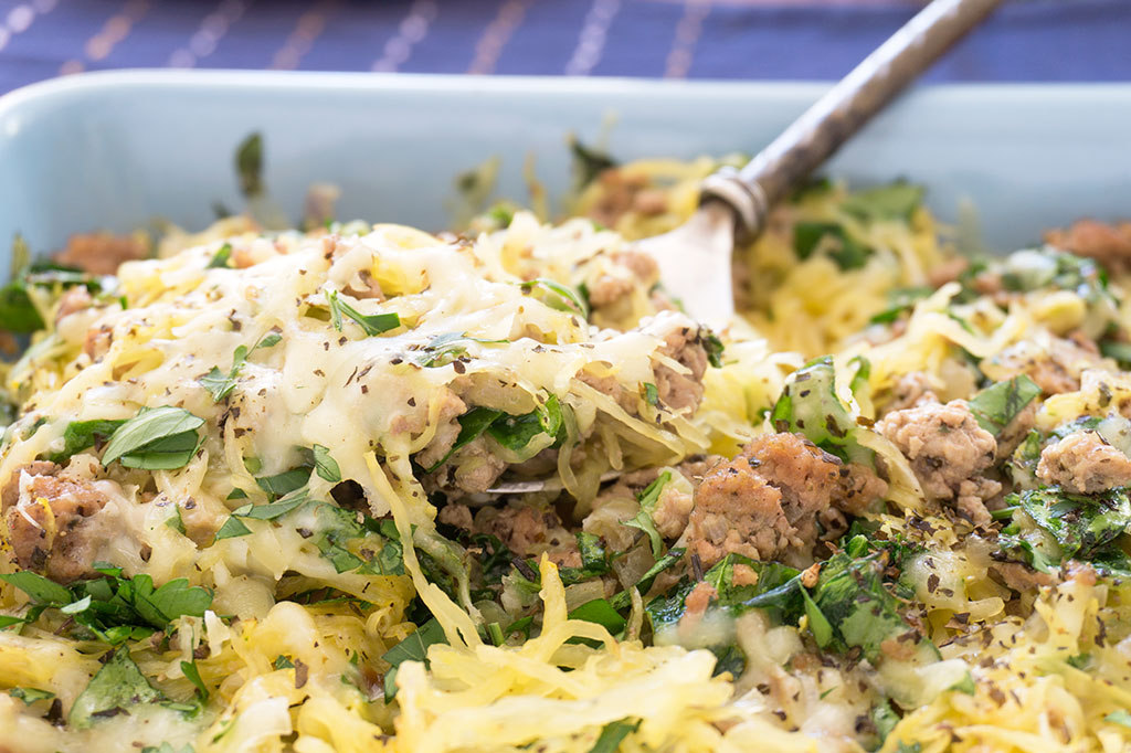 Close Up Italian Turkey and Spinach Spaghetti Squash Casserole