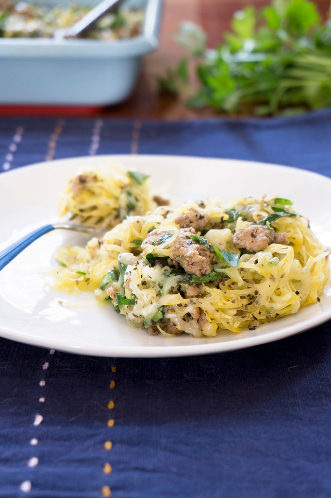 Single serving Italian Turkey and Spinach Spaghetti Squash Casserole on plate