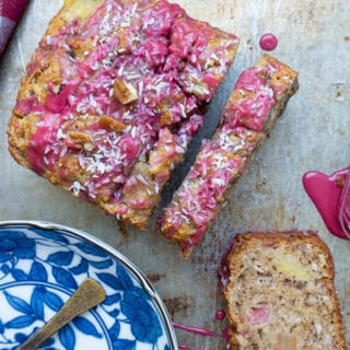 Rhubarb Hummingbird Bread with Pink Hibiscus Frosting on top