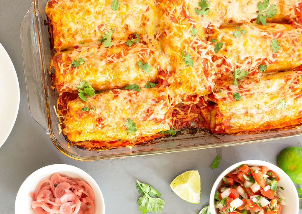 Chicken and Spinach Burritos Overhead in Baking Dish