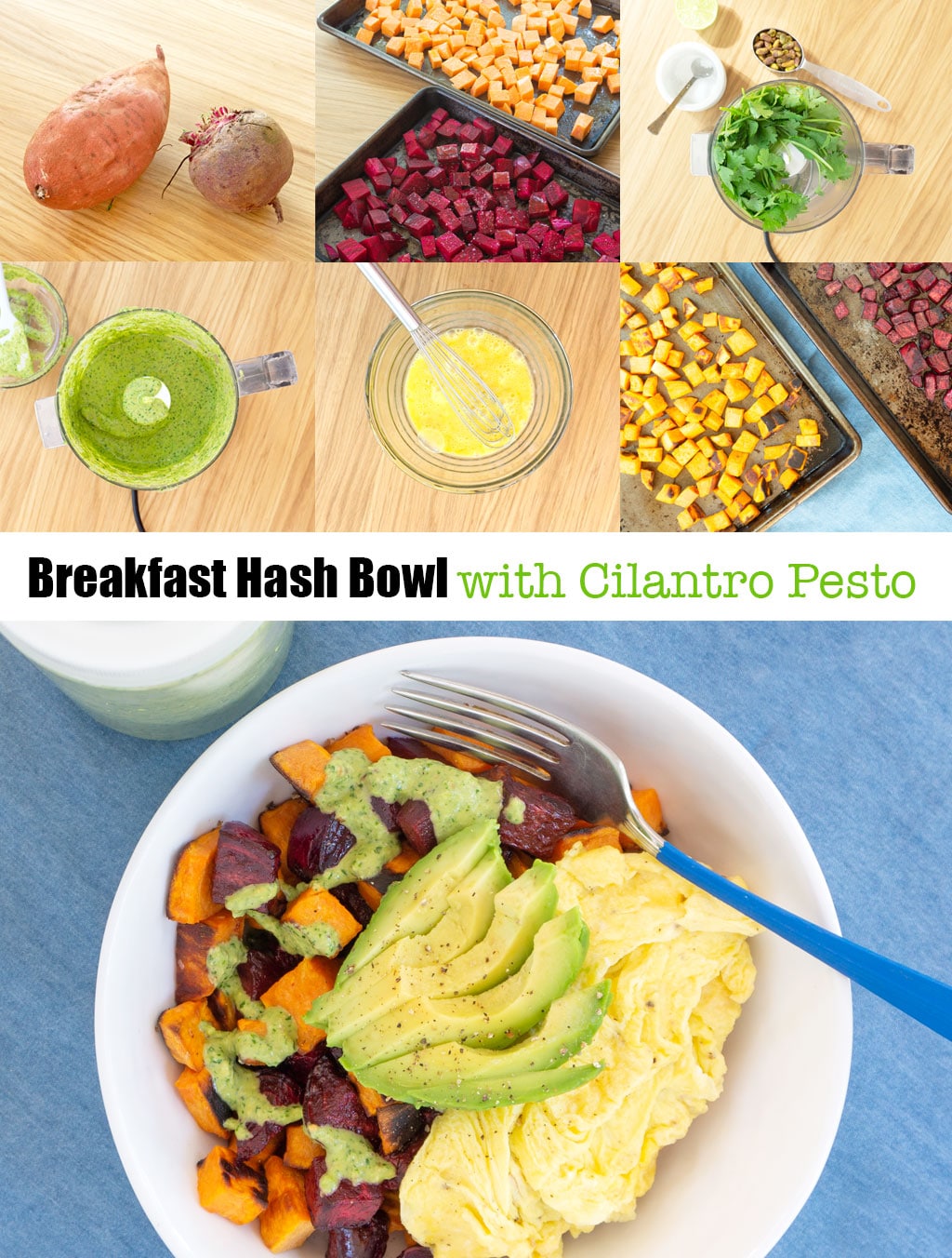 Step by Step photos for how to make a Sweet Potato Hash Bowl with Cilantro Pesto