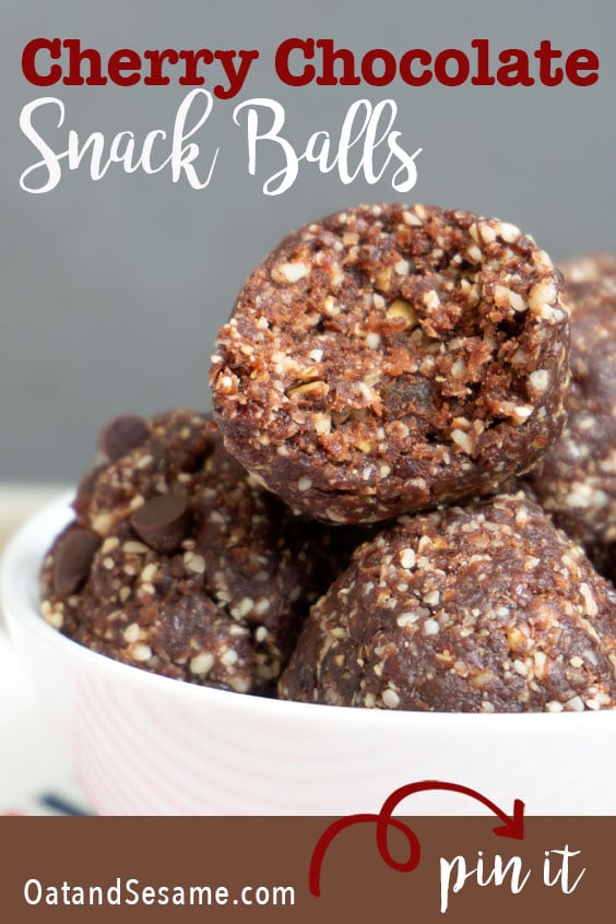 Cherry Chocolate Energy Balls are a blend of tart cherries, dates, nuts, cocoa and spices for a simple pick me up snack bite. Loads of cherry almond flavor! | #HealthySnackIdeas | #ENERGYBALLS | #SNACKBITES | #ENERGYBALLS | #HealthyRecipes at OatandSesame.com