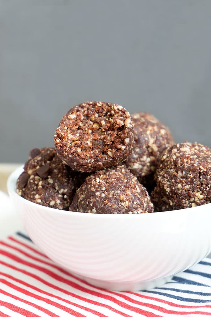 Cherry Chocolate Snack Balls stacked in bowl.