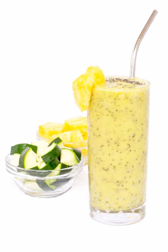 Pineapple Zucchini Smoothie with bowl of chopped zucchini and pineapple