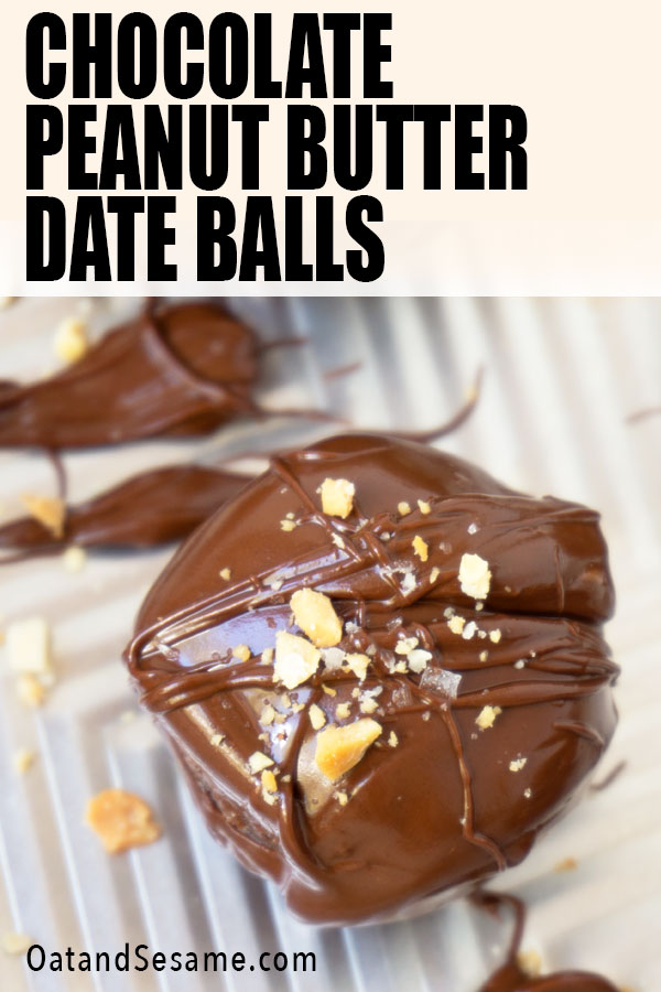 These Healthy Chocolate Peanut Butter Date Balls take just 10 minutes to make! With healthy ingredients like dates, peanut butter, oats, shredded coconut and maple syrup, these chocolate peanut butter bon bon are irresistible! #bonbons | #VeganSnackIdeas | #PeanutButterBalls | #HealthyRecipes at OatandSesame.com #oatandsesame