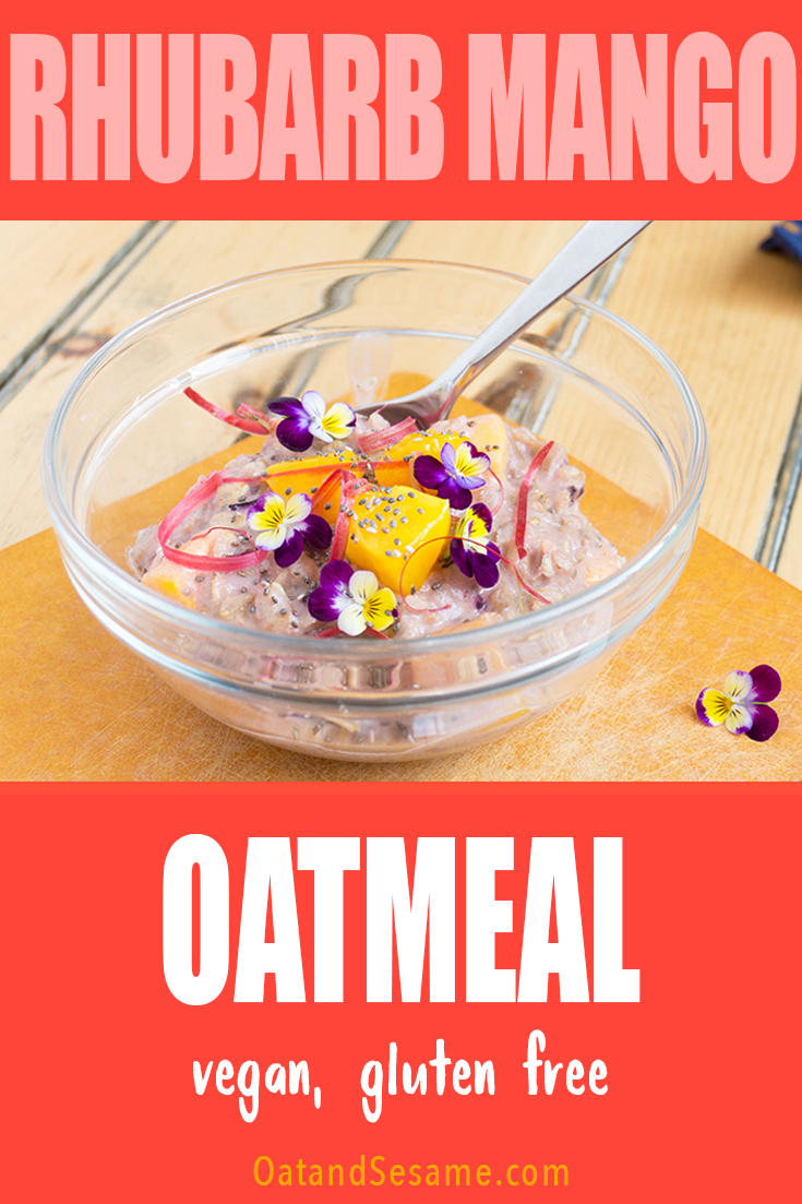 Rhubarb Mango Oatmeal dressed with flowers