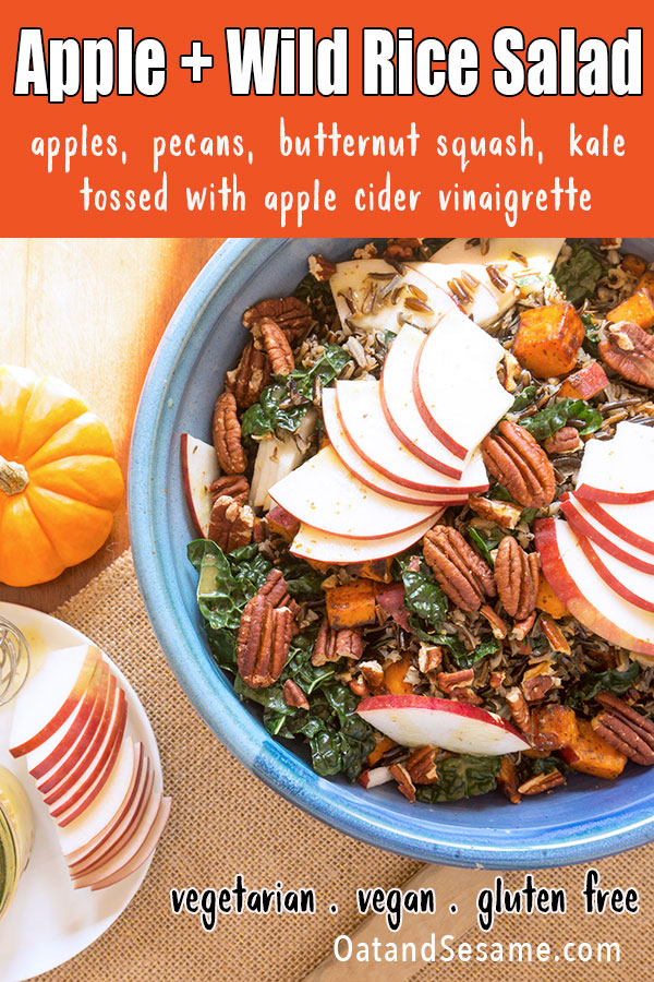 Apple, Wild Rice and Kale Salad in blue bowl