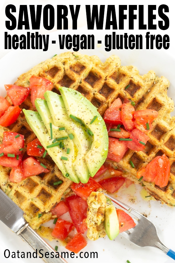 waffle on plate with tomatoes and avocado
