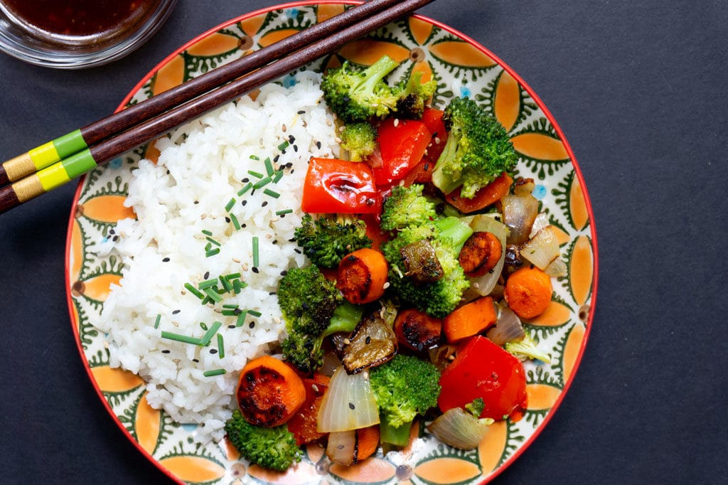 Rice and veggies on plate