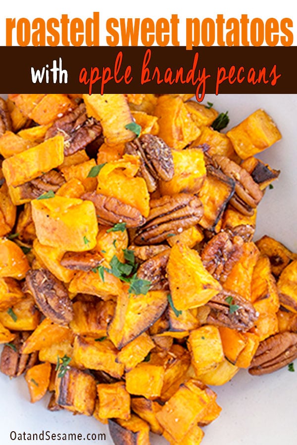 roasted sweet potatoes with pecans in serving bowl