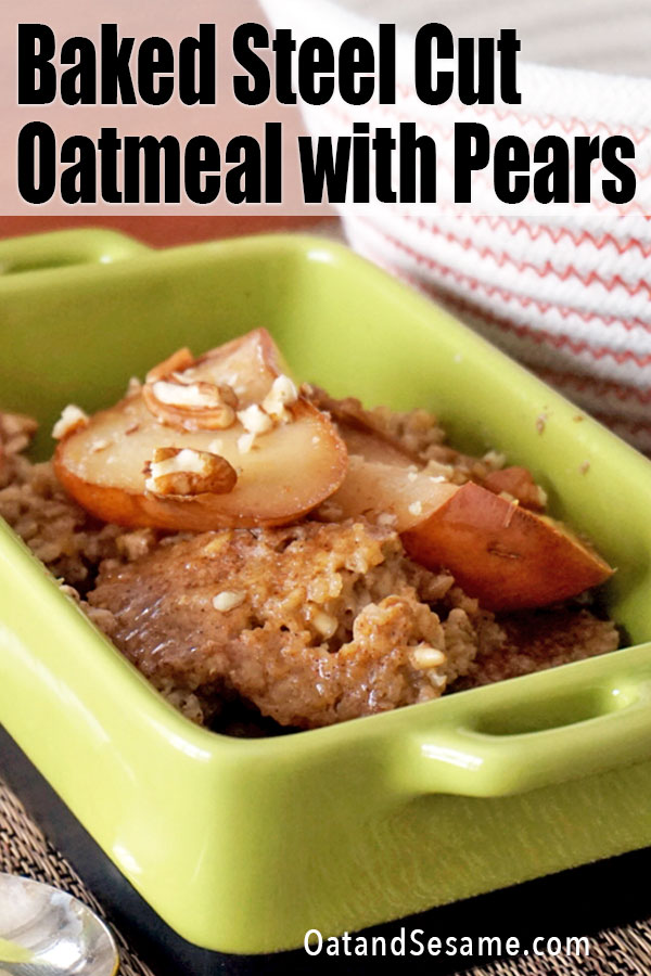 Baked oatmeal in a green dish with pears