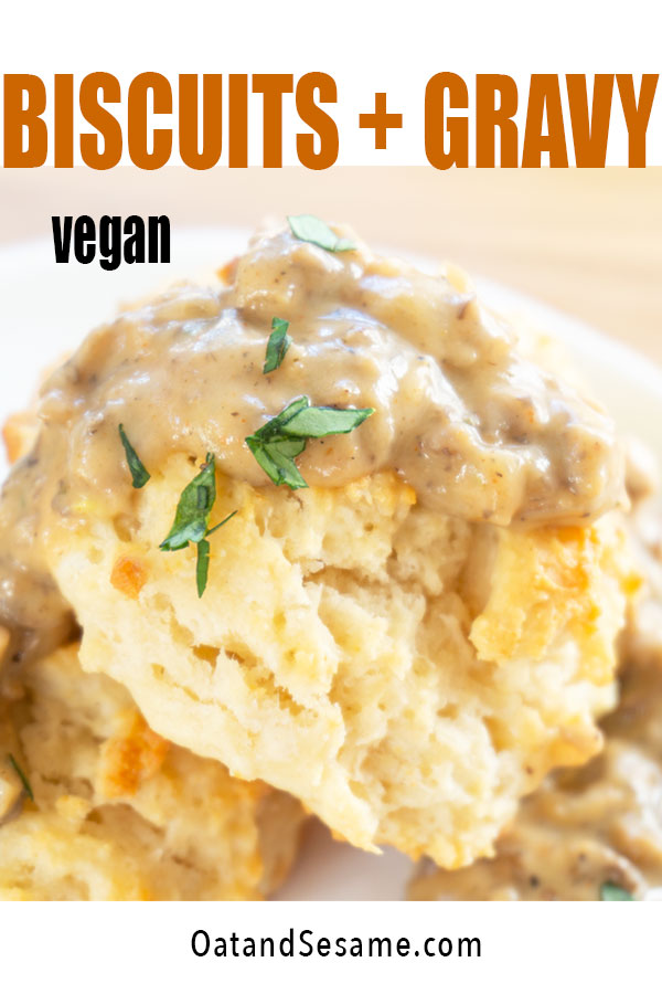 Fast and easy drop biscuits are paired with a savory mushroom gravy made with oat milk. It's the best Vegan Biscuits and Gravy! #VeganBiscuits | #VeganBreakfast | #Biscuits | #DropBiscuits | #VeganRecipes at OatandSesame.com #oatandsesame