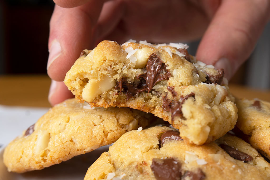 half of cookie with gooey chocolate 
