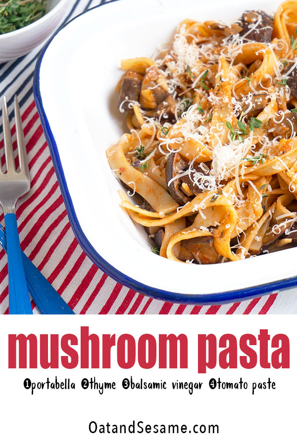 This simple Mushroom & Thyme Pasta Ragù is made with a base of shallots, tomato paste, thyme and garlic. The sauce lightly coats the noodles allowing the mushrooms to stand out in this dish. A splash of balsamic vinegar brings out the deep and rich tomato flavors in this mushroom sauce. | #PASTARECIPES | #PASTASAUCE | #MUSHROOMS | #VEGETARIANRECIPES | #DINNERECIPES at OatandSesame.com #oatandsesame