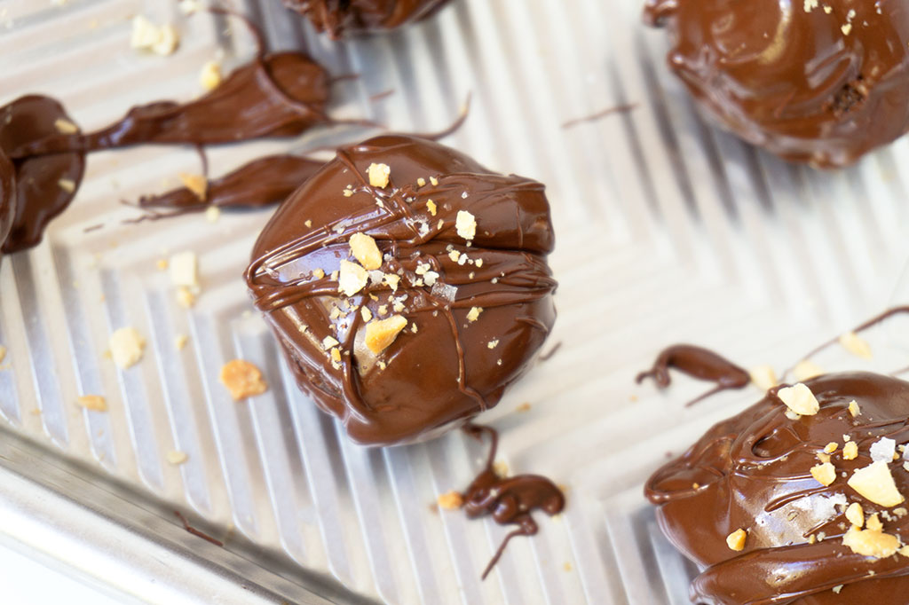 Peanut Butter Date Balls Coated in Chocolate.