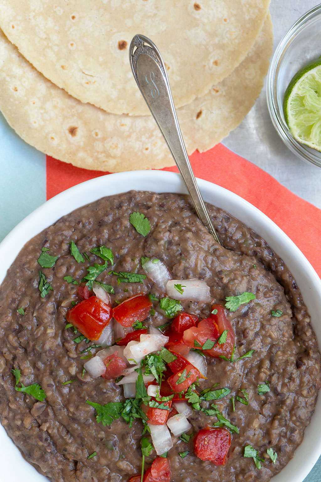 black bean dip with tortillas