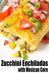 Zucchini Enchiladas with Mexican Corn Salad -These Zucchini Enchiladas are stuffed with Mexican corn salad (elote) and black beans, then covered in a creamy salsa verde and baked to perfection. Topped with pico de gallo, this summer rendition of enchiladas takes your zucchini bounty to the next level. #ZucchiniRecipes | #Elote | #MexicanCornSalad | #Enchiladas | #VegetarianDinnerIdeas | #HealthyRecipes at OatandSesame.com #OatandSesame