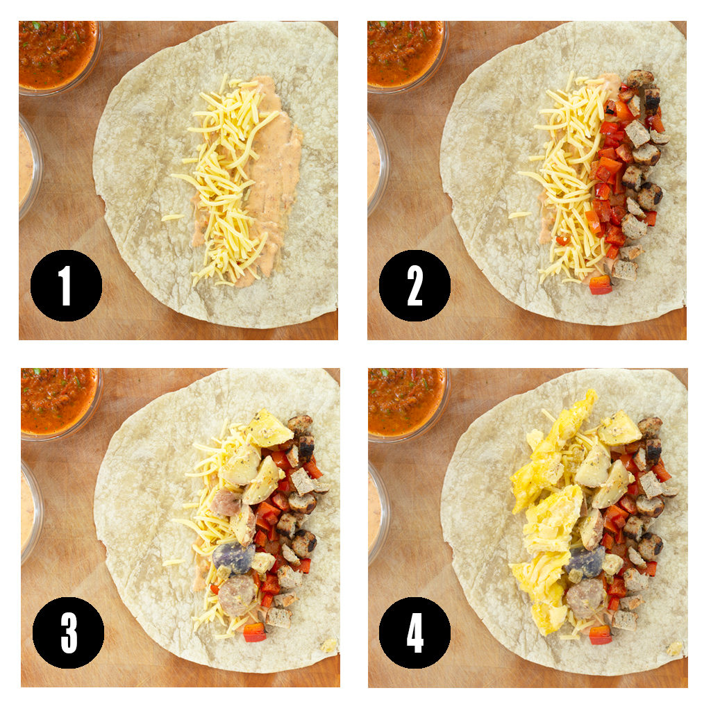 4 step photos for stuffing breakfast burritos